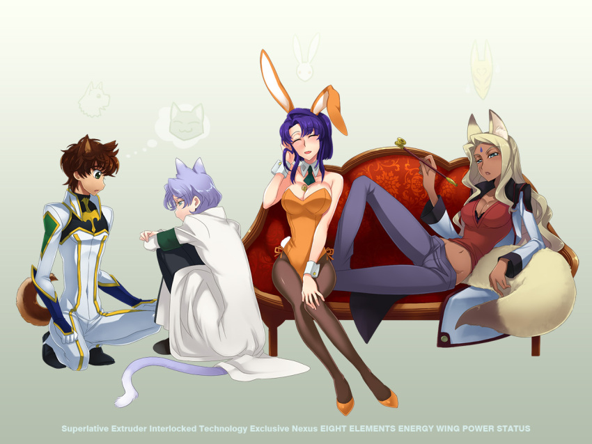 2boys 2girls animal_ears blush brown_hair cat_ears cat_tail cecile_croomy code_geass commentary_request dark_skin dog_ears dog_tail fox_ears fox_tail hazuki_gean holding holding_smoking_pipe kiseru kururugi_suzaku lloyd_asplund long_hair multiple_boys multiple_girls pantyhose playboy_bunny purple_hair rabbit_ears rabbit_tail rakshata_chawla short_hair smoking_pipe sulking tail