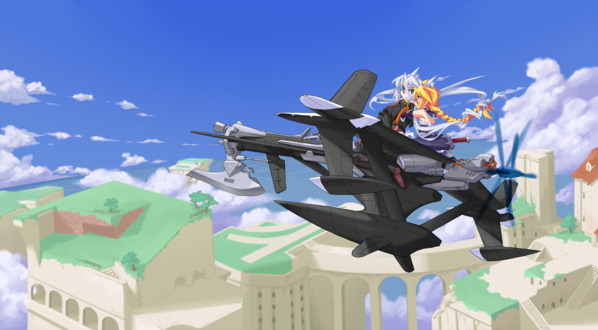 2girls borrowed_character braid cloud day girl_with_a_blonde_braid_(tomoshibi_hidekazu) highres mof mof's_silver_haired_twintailed_girl multiple_girls orange_hair original silver_hair sky twintails