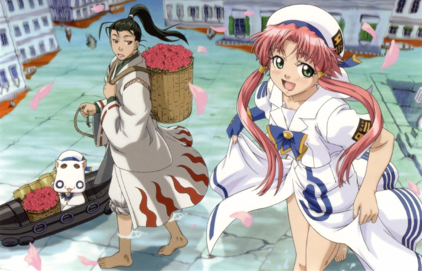 1boy aria_(manga) aria_company_uniform aria_pokoteng blouse clothing_cutout dress female flower hair_tubes highres imageboard_desourced izumo_akatsuki koga_makoto long_dress mizunashi_akari non-web_source pink_hair rose sailor_collar shirt short_hair_with_long_locks short_sleeves side_slit sidelocks uniform white_dress white_shirt