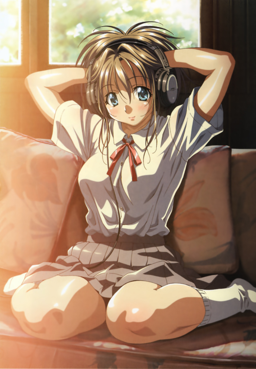 absurdres adjusting_hair arms_behind_head arms_up blue_eyes brown_hair couch female headphones highres kneeling original school_uniform sitting socks solo taki_minashika thick_thighs thighs wariza