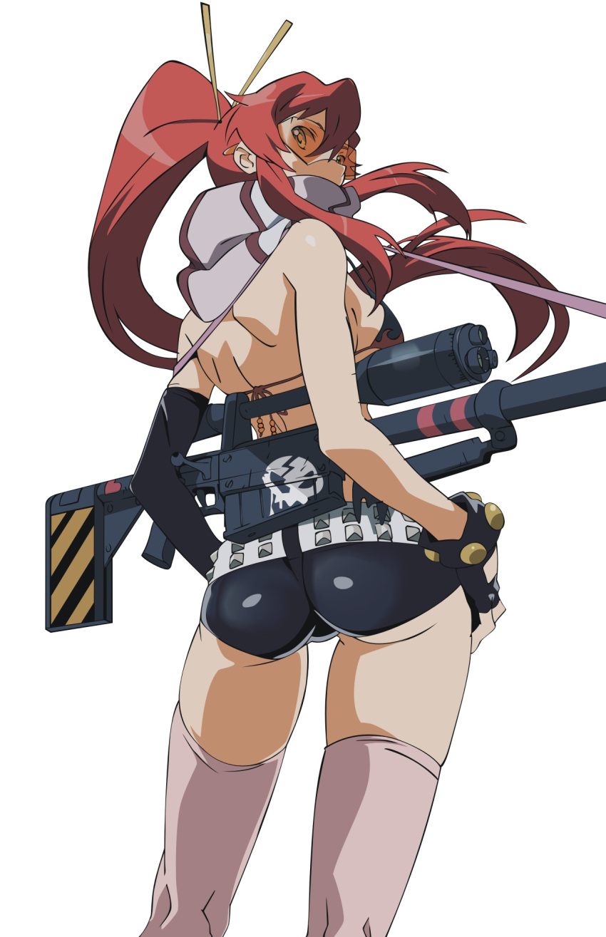 ass back bad_id bad_pixiv_id bikini bikini_top_only elbow_gloves female fingerless_gloves glasses gloves gun highres kaede_(pixiv418056) long_hair looking_back ponytail red_hair rifle scarf solo swimsuit tengen_toppa_gurren_lagann thighhighs vector_trace weapon yellow_eyes yoko_littner