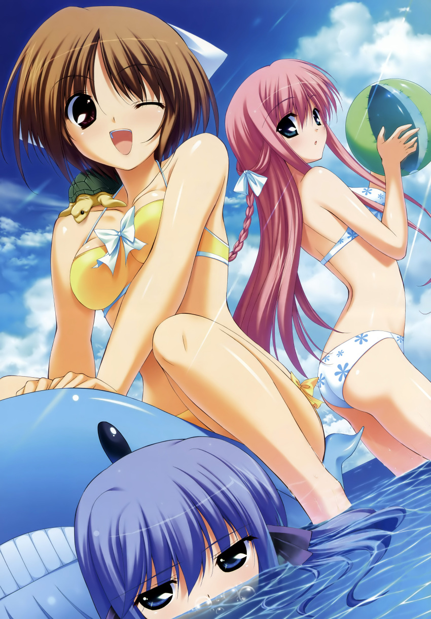 3girls ;d absurdres amamiya_kurara ball beachball bikini blue_eyes blue_hair braid brown_hair cloud day fumio_(ura_fmo) hair_ribbon highres hoshiuta light_rays long_legs multiple_girls one_eye_closed open_mouth outdoors pink_hair purple_eyes ribbon sky smile sunbeam sunlight suou_nanano swimsuit turtle water yamabuki_renge