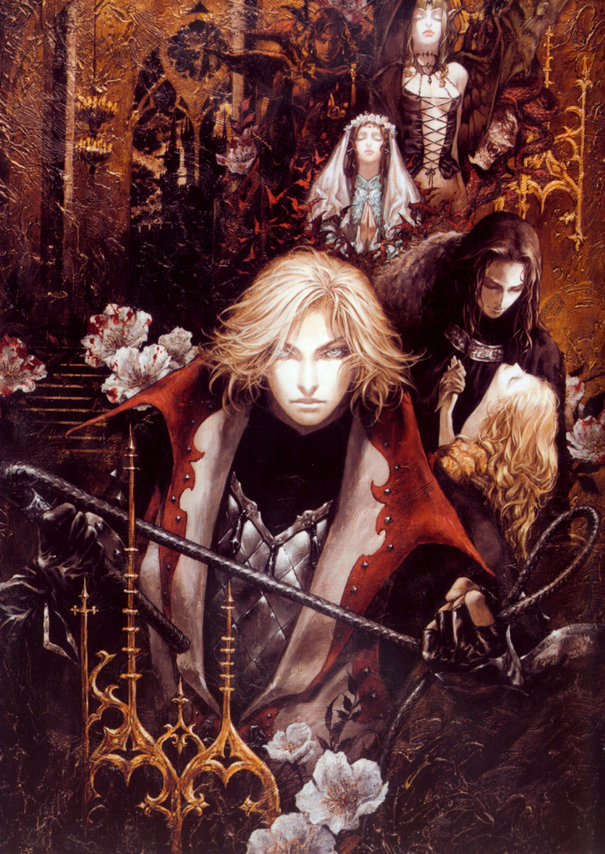 3boys 3girls androgynous architecture bat_(animal) bat_wings blonde_hair blood cape castlevania:_lament_of_innocence castlevania_(series) charcoal_(medium) corset demon_girl elisabetha_cronqvist flower fur_collar goth_fashion gothic_architecture highres imageboard_desourced kojima_ayami leon_belmont mathias_cronqvist medusa_(castlevania) multiple_boys multiple_girls non-web_source official_art oil_painting_(medium) painting_(medium) sara_trantoul scales snake snake_hair succubus_(castlevania) traditional_media veil walter_bernhard whip wings