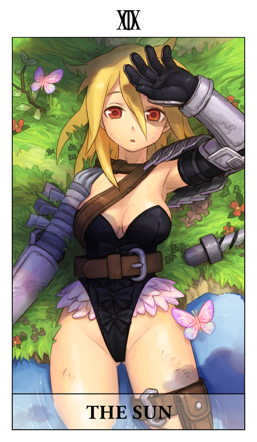 absurdres armor armpits blonde_hair breasts cleavage commentary_request fantasy_earth fantasy_earth_zero female highres iyokawa large_breasts legs nature orange_eyes solo tarot tarot_(medium) the_sun_(tarot) thigh_strap warrior_(fantasy_earth)