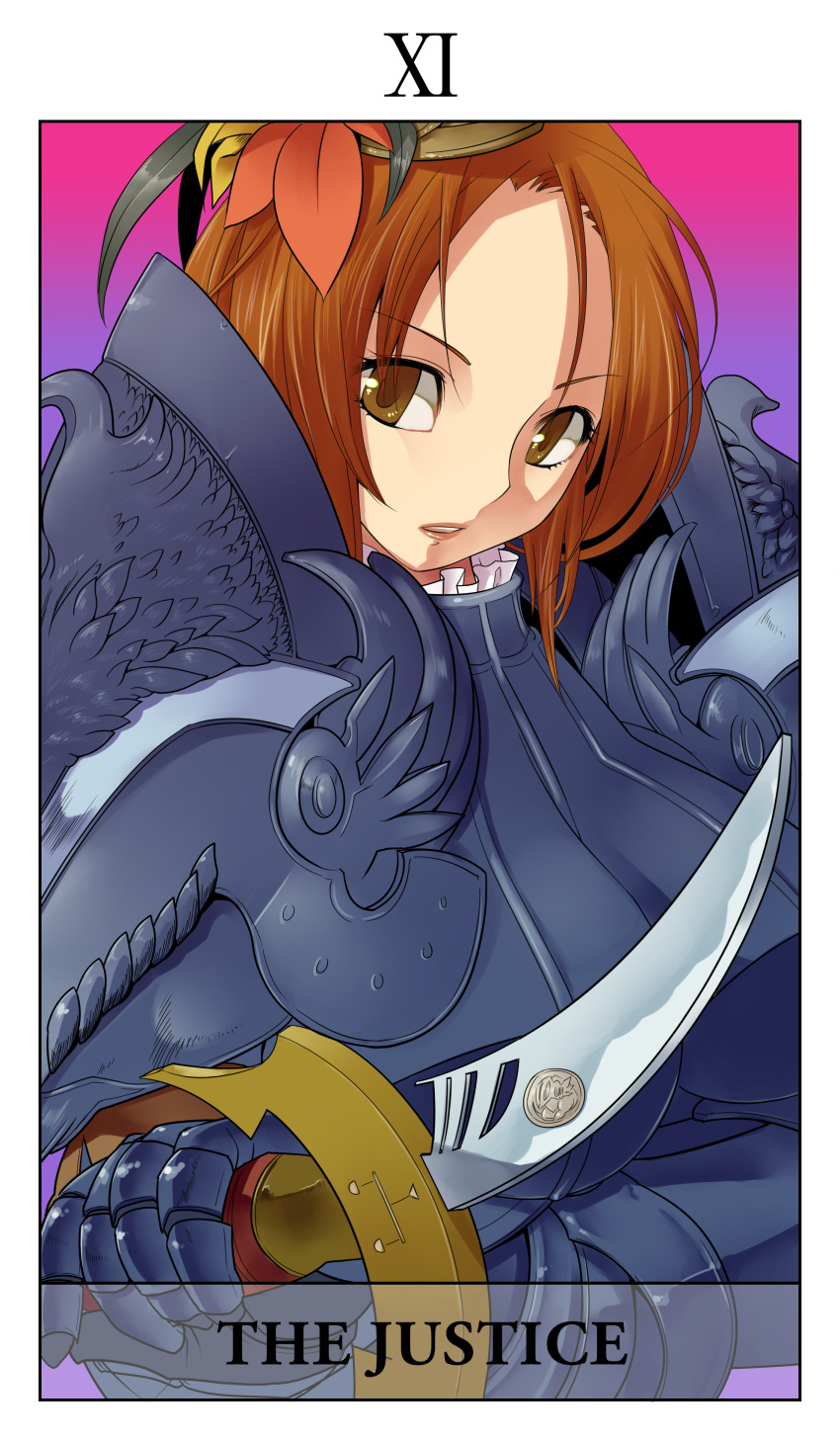 absurdres armor brown_eyes brown_hair commentary_request fantasy_earth fantasy_earth_zero female highres justice_(tarot) knife niwacho short_hair shoulder_pads solo tarot tarot_(medium) wadrite_berkstein_hordaine