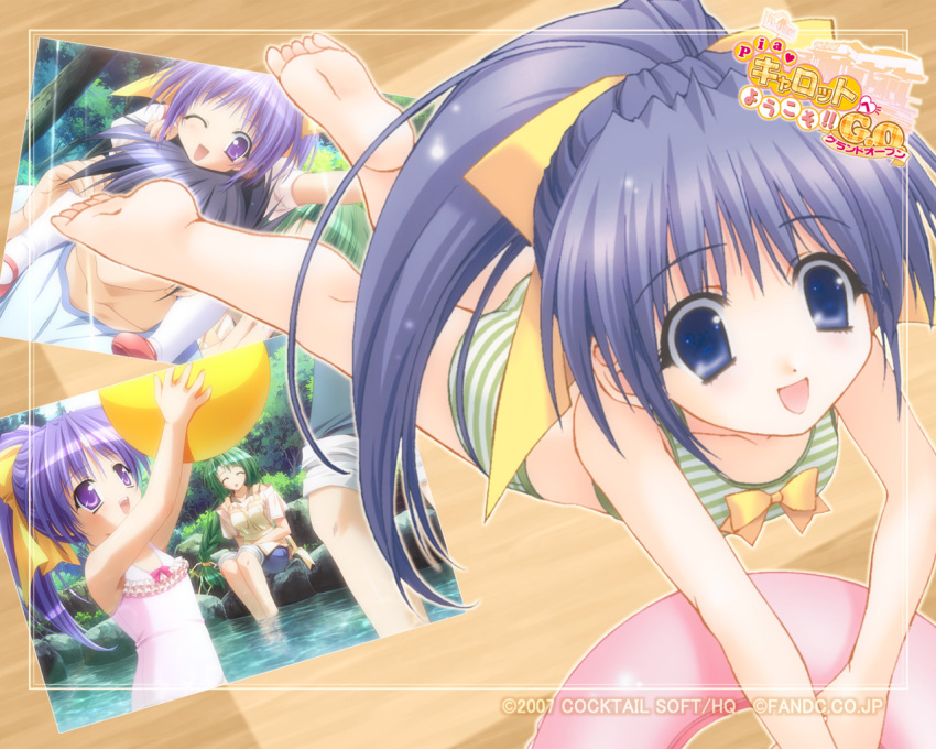 1boy 2girls ball barefoot beachball bikini blue_eyes blue_hair bow braid carrying casual_one-piece_swimsuit feet green_hair hair_ribbon imageboard_desourced innertube kimizuka_aoi lolicon long_hair lying mother_and_daughter multiple_girls non-web_source on_stomach one-piece_swimsuit one_eye_closed open_mouth photo_(object) pia_carrot_(series) pia_carrot_e_youkoso!!_g.o. ponytail purple_eyes purple_hair ribbon shoulder_carry striped_bikini striped_clothes swim_ring swimsuit tankini very_long_hair wading water yamana_kaede yamana_tokiko