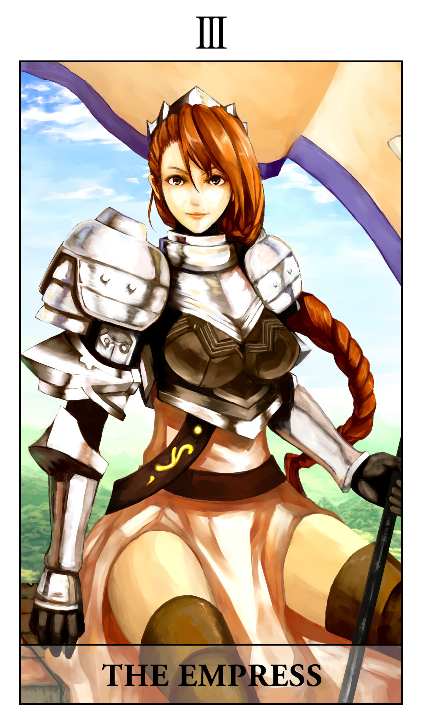 absurdres armor brown_hair commentary_request empress fantasy_earth fantasy_earth_zero female highres long_hair lororo solo tarot tarot_(medium) the_empress_(tarot) thighhighs wadrite_berkstein_hordaine