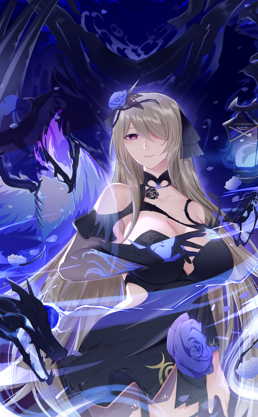 7t absurdres armpit_peek bare_shoulders black_dress blue_flower blue_rose breasts closed_mouth cowboy_shot dress elbow_gloves female flower gloves hair_flower hair_ornament hair_over_one_eye hair_ribbon highres honkai_(series) honkai_impact_3rd large_breasts long_hair looking_at_viewer platinum_blonde_hair purple_eyes ribbon rita_rossweisse rita_rossweisse_(fallen_rosemary) rose smile solo tattoo very_long_hair