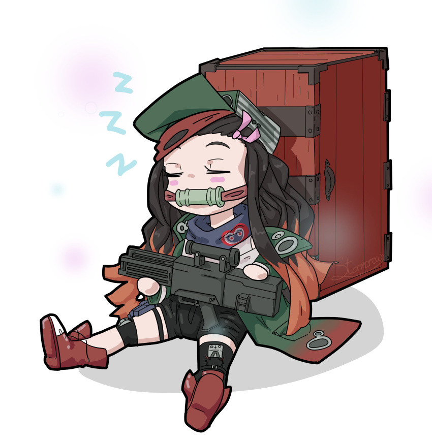 absurdres assault_rifle bad_id bad_twitter_id bit_gag boots box closed_eyes cosplay female g11_(girls'_frontline) g11_(girls'_frontline)_(cosplay) gag gagged girls'_frontline gun h&k_g11 hat highres jacket kamado_nezuko kimetsu_no_yaiba lailah_stormcrow rifle sleeping solo weapon white_background