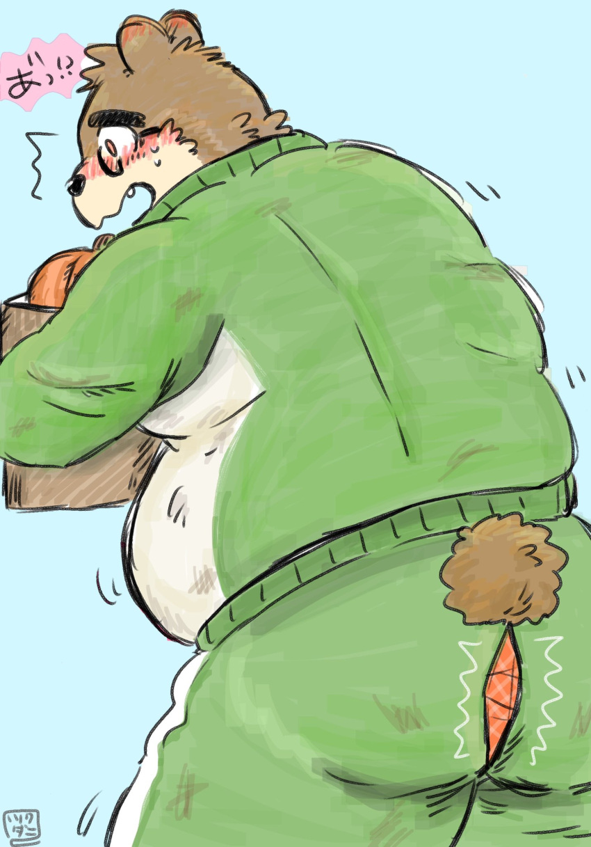 2021 29_da2 anthro ass bear blush bottomwear clothing eyewear food fruit glasses hi_res japanese_text kemono lifewonders male mammal overweight overweight_anthro overweight_male pants plant pumpkin simple_background solo text tokyo_afterschool_summoners underwear volos_(tas) wardrobe_malfunction