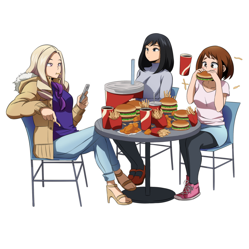 3girls black_legwear boku_no_hero_academia brown_eyes brown_hair burger casual cellphone chicken_nuggets coat commentary crossed_legs denim eating fast_food felipe_godoy food french_fries highres jacket jeans kodai_yui mount_lady multiple_girls oversized_object pants pantyhose phone sandals shoes short_hair simple_background skirt soda uraraka_ochako white_background