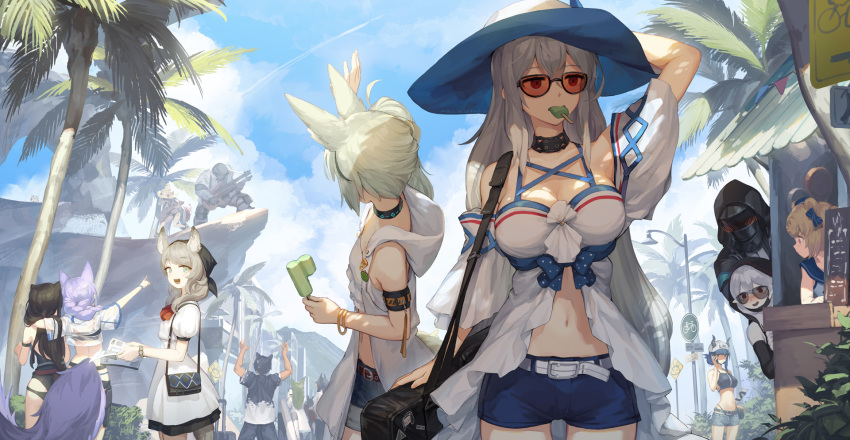 6+girls :d alternate_costume animal_ears arknights armband asicah bare_shoulders belt big_bob_(arknights) bikini bikini_shorts blush bow braid breasts buckle carol_(arknights) ch'en_(arknights) choker commentary courier_(arknights) day doctor_(arknights) female_tourist_c_(arknights) food grani_(arknights) green_eyes grey_hair guitar gummy_(arknights) gummy_(summer_flowers)_(arknights) hair_between_eyes hairbow hat highres holding hood hoodie horns horns_through_headwear infection_monitor_(arknights) instrument jacket korean_commentary large_breasts large_tail long_hair looking_at_viewer luggage midriff mouth_hold multiple_girls navel official_alternate_costume open_mouth orange-tinted_eyewear outdoors platinum_(arknights) platinum_(shimmering_dew)_(arknights) pointing popsicle provence_(arknights) provence_(casual_vacation)_(arknights) purple_hair red_eyes shirt short_shorts shorts skadi_(arknights) skadi_(waverider)_(arknights) skyfire_(arknights) skyfire_(temperature_difference)_(arknights) smile specter_(arknights) stomach straw_hat sunglasses swimsuit tail tinted_eyewear very_long_hair vigna_(arknights) vigna_(casual_vacation)_(arknights) warfarin_(arknights) wolf_ears wolf_tail