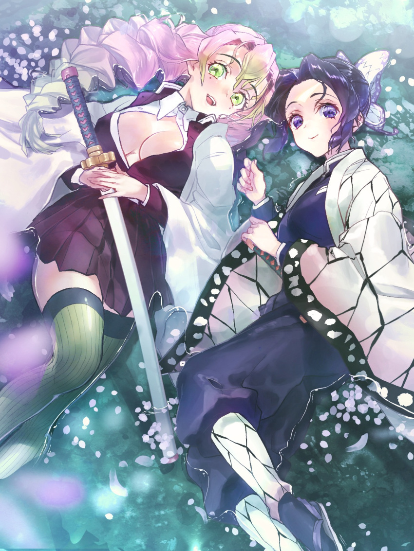 2girls :d black_jacket black_skirt breasts butterfly_hair_ornament demon_slayer_uniform gradient_hair green_eyes green_hair green_thighhighs hair_ornament haori highres holding holding_sword holding_weapon jacket japanese_clothes kanroji_mitsuri katana kimetsu_no_yaiba kochou_shinobu large_breasts long_sleeves looking_at_viewer lying mole mole_under_eye multicolored_hair multiple_girls nyan5000 on_back on_side pink_hair puffy_pants purple_hair sheath sheathed shirt short_hair skirt smile sword thighhighs weapon white_shirt