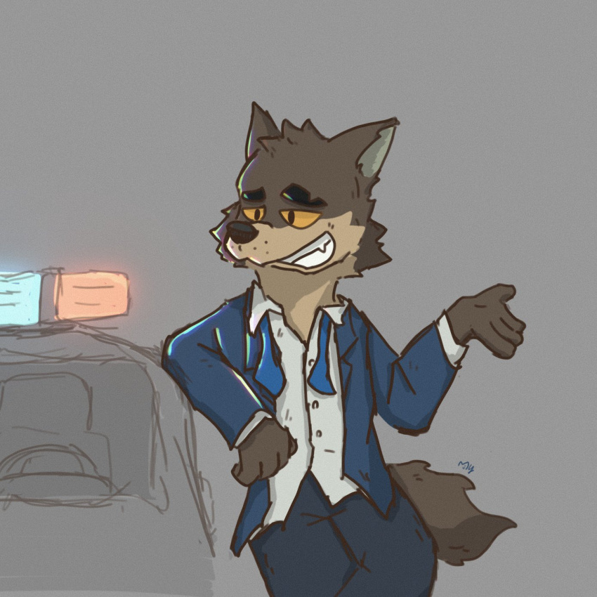 1:1 2021 alfynodon anthro black_eyebrows black_nose blue_bottomwear blue_clothing blue_pants blue_topwear bottomwear bow_tie brown_body brown_fur canid canine canis car cheek_tuft clothed clothing digital_drawing_(artwork) digital_media_(artwork) dreamworks eyebrows facial_tuft fully_clothed fur grin head_tuft hi_res leaning_on_object male male_anthro mammal motor_vehicle mr._wolf_(the_bad_guys) pants police police_car police_vehicle raised_arm shirt signature smile solo standing tan_body tan_fur the_bad_guys topwear tuft untied_necktie vehicle white_clothing white_shirt white_topwear wolf yellow_eyes