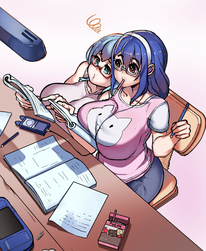 2girls aqua_eyes blue_hair book borrowed_character breasts chair commission desk english_commentary hairband highres holding holding_pencil inchou_(kaitsu_tokiyas) kaitsu_tokiyas large_breasts long_hair multiple_girls open_book original pencil pink_background red_eyes rina_atherina shadow short_sleeves watashi_no_inchou_desu!! white_hairband