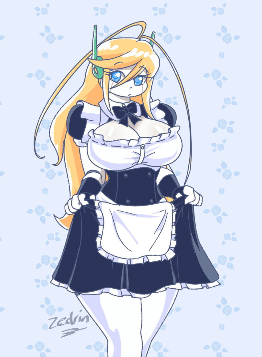 ahoge android big_breasts blonde_hair blue_eyes breasts cave_story cleavage clothed clothing curly_brace female hair hi_res huge_breasts humanoid long_hair looking_at_viewer machine maid_uniform robot signature solo standing text thick_thighs uniform white_body zedrin