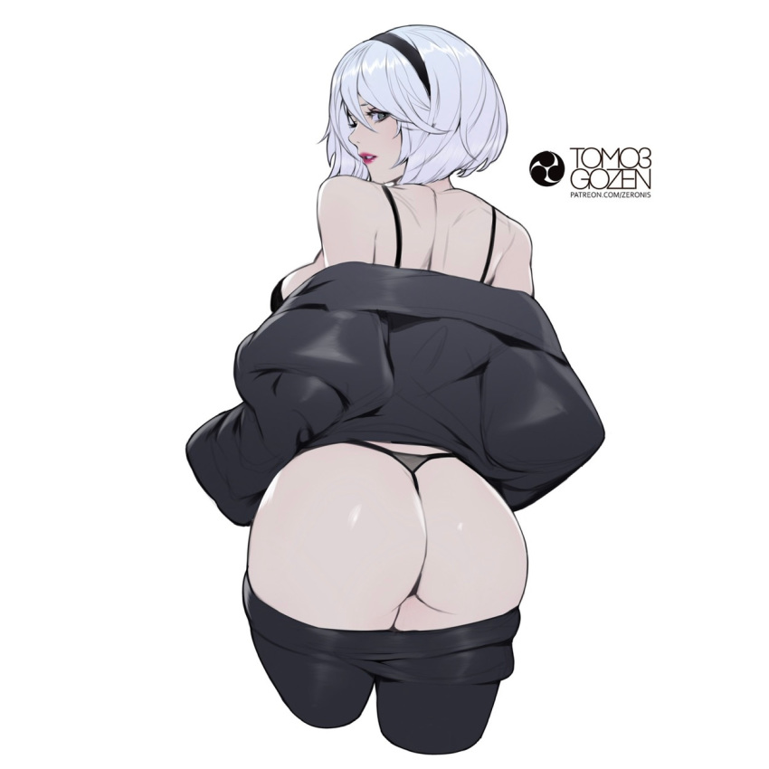 artist_logo artist_name ass bare_shoulders black_bra black_panties bra bra_strap breasts gozentomo3 hairband highres jacket jacket_removed looking_back makeup medium_breasts medium_hair nier_(series) nier_automata no_blindfold panties pants pants_removed shiny shiny_skin simple_background solo thong underwear white_background yorha_no._2_type_b