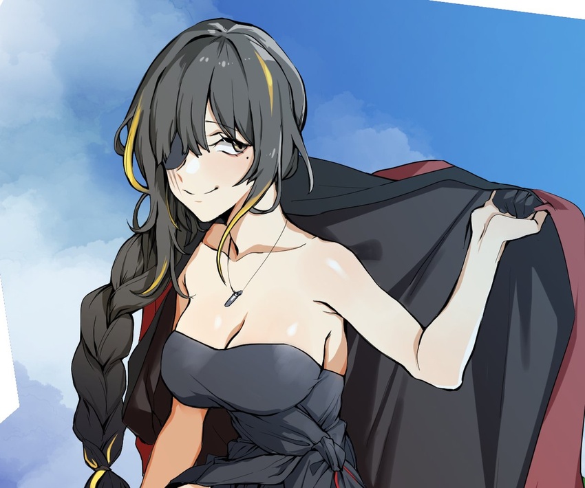 banssee black_dress black_hair blue_sky blush braid braided_ponytail breasts brown_eyes cleavage cloak collarbone dress eyepatch female girls'_frontline jacket jewelry long_hair looking_at_viewer m16a1_(girls'_frontline) medium_breasts mole mole_under_eye multicolored_hair necklace red_cloak red_jacket scar scar_across_eye scar_on_face simple_background sky smile solo source_request tight_clothes tight_dress