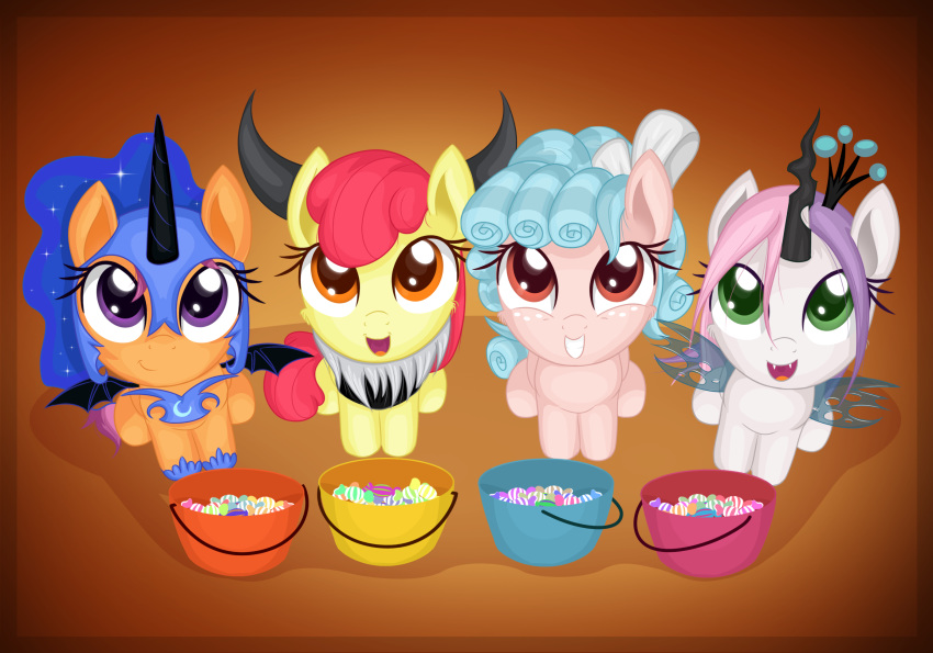 2019 apple_bloom_(mlp) armor candy cozy_glow_(mlp) cutie_mark_crusaders_(mlp) dessert earth_pony equid equine eyelashes fangs female feral food freckles friendship_is_magic grin group hasbro headgear helmet hi_res horse mammal my_little_pony open_mouth pony purple_eyes scootaloo_(mlp) smile sweetie_belle_(mlp) teeth vito young young_feral