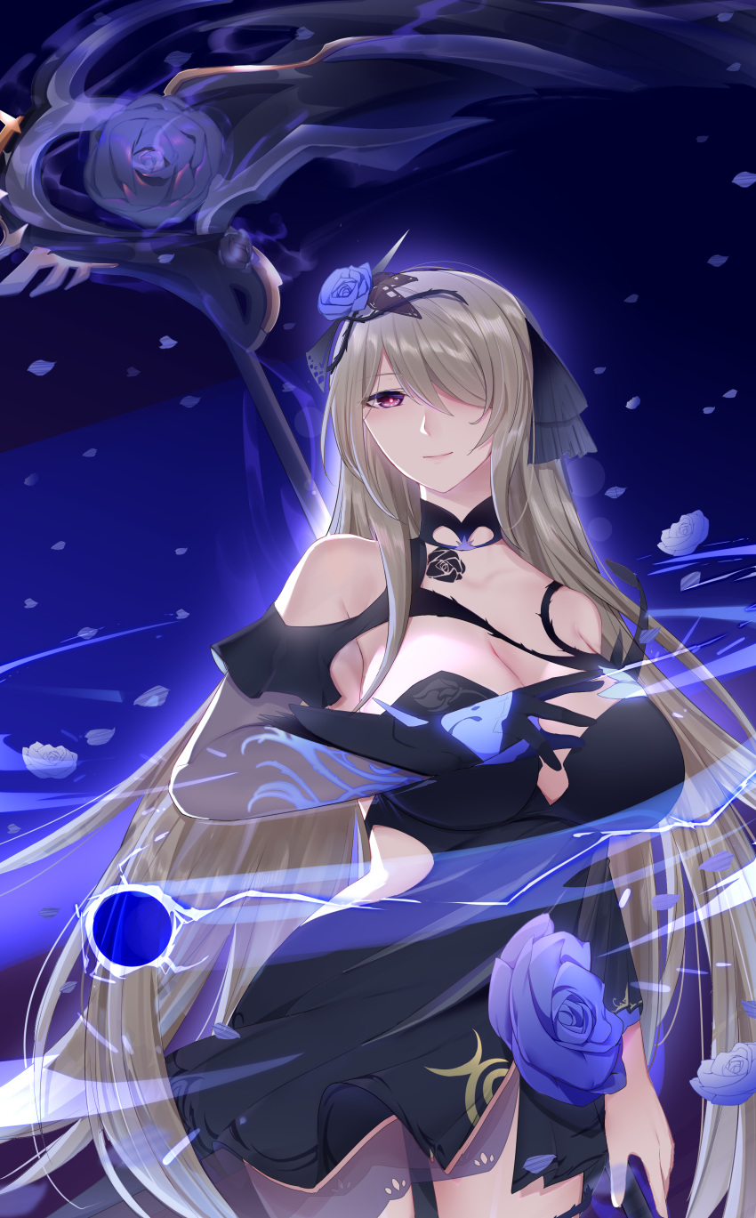 7t absurdres armpit_peek bare_shoulders black_dress blue_flower blue_rose breasts closed_mouth cowboy_shot dress elbow_gloves female flower gloves hair_flower hair_ornament hair_over_one_eye hair_ribbon highres honkai_(series) honkai_impact_3rd large_breasts long_hair looking_at_viewer platinum_blonde_hair purple_eyes ribbon rita_rossweisse rita_rossweisse_(fallen_rosemary) rose scythe smile solo tattoo very_long_hair