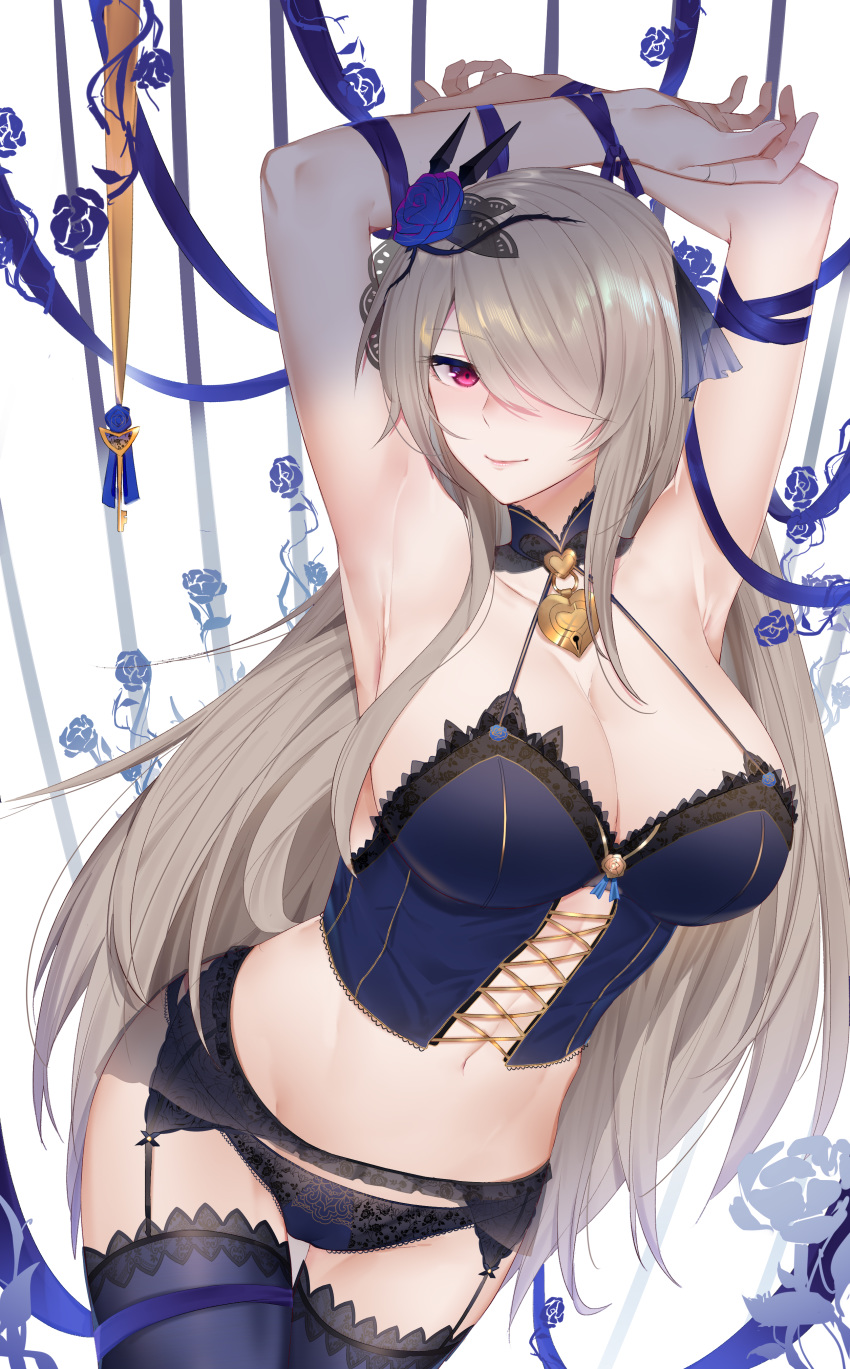 7t absurdres armpits arms_up black_panties black_thighhighs blue_flower blue_rose blush bound breasts camisole cleavage closed_mouth cowboy_shot female flower garter_belt hair_flower hair_ornament hair_over_one_eye highres honkai_(series) honkai_impact_3rd large_breasts lock long_hair looking_at_viewer nose_blush padlock panties platinum_blonde_hair red_eyes ribbon ribbon_bondage rita_rossweisse rita_rossweisse_(fallen_rosemary) rose smile solo thighhighs underwear very_long_hair