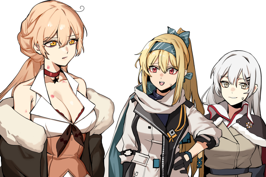 3girls banssee bare_shoulders black_gloves blonde_hair blue_shirt bra braid braided_ponytail breasts brown_jacket choker cleavage collarbone commentary_request girls'_frontline gloves green_ribbons grey_eyes grey_hair hair_ornament hair_ribbon hairband hairclip hand_on_own_hip highres jacket korean_commentary long_hair looking_away medium_breasts multiple_girls open_mouth ots-14_(girls'_frontline) ponytail red_bra red_choker red_eyes ribbon scarf shirt star_(symbol) star_choker sv-98_(girls'_frontline) sv-98_(mod3)_(girls'_frontline) svd_(girls'_frontline) sweatdrop turtleneck underwear white_background white_hair white_jacket white_scarf white_shirt yellow_eyes