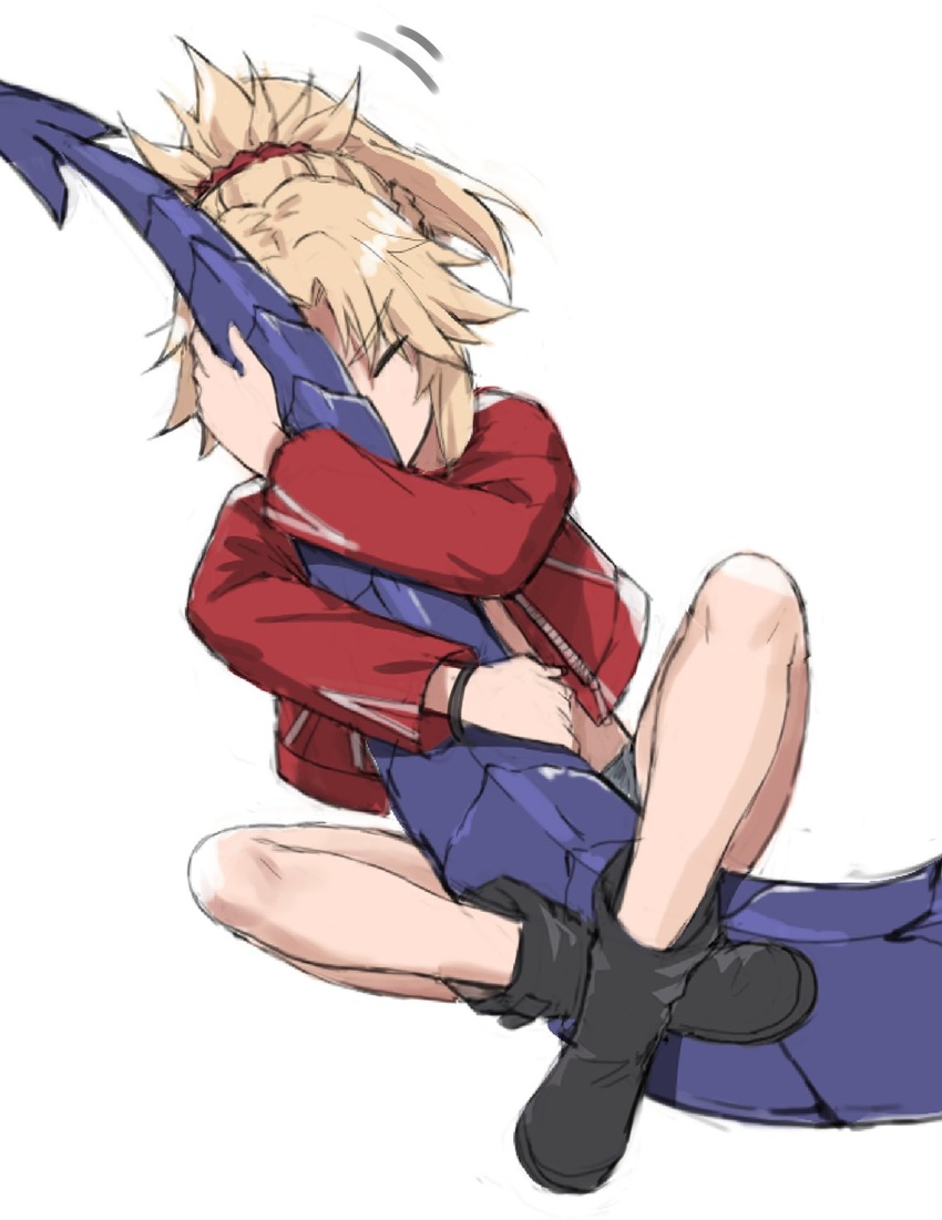 bandeau black_footwear blonde_hair blue_shorts boots braid breasts closed_eyes cutoffs denim denim_shorts fate/apocrypha fate_(series) female hair_ornament hair_scrunchie half_up_braid highres hugging_another's_tail hugging_tail jacket long_hair long_sleeves mordred_(fate) mordred_(fate/apocrypha) mordred_(memories_at_trifas)_(fate) open_clothes open_jacket parted_bangs ponytail red_jacket red_scrunchie scrunchie short_shorts shorts sidelocks simple_background small_breasts tail tail_on_face tonee white_background