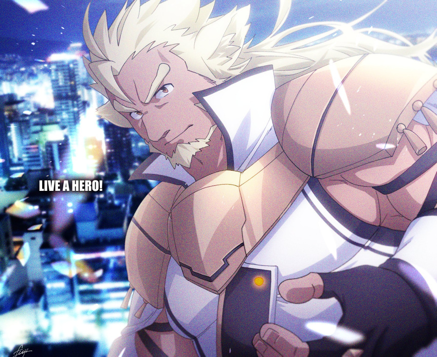 3pdta animal_humanoid beard blonde_hair city cityscape clothing facial_hair fingerless_gloves gloves hair handwear hi_res huckle humanoid lifewonders live_a_hero male muscular muscular_arms pecs solo superhero tan_body tan_skin