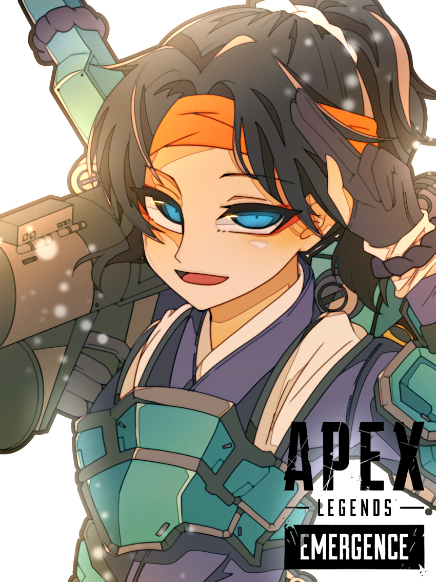 animification apex_legends armor bad_id bad_pixiv_id black_gloves black_hair blue_eyes cloud_marauder_valkyrie eyeshadow gloves gun headband highres holding holding_gun holding_weapon japanese_clothes kinoko_usa looking_at_viewer makeup official_alternate_costume open_mouth orange_headband parted_bangs partially_fingerless_gloves ponytail portrait red_eyeshadow rocket_launcher salute smile two-finger_salute valkyrie_(apex_legends) weapon