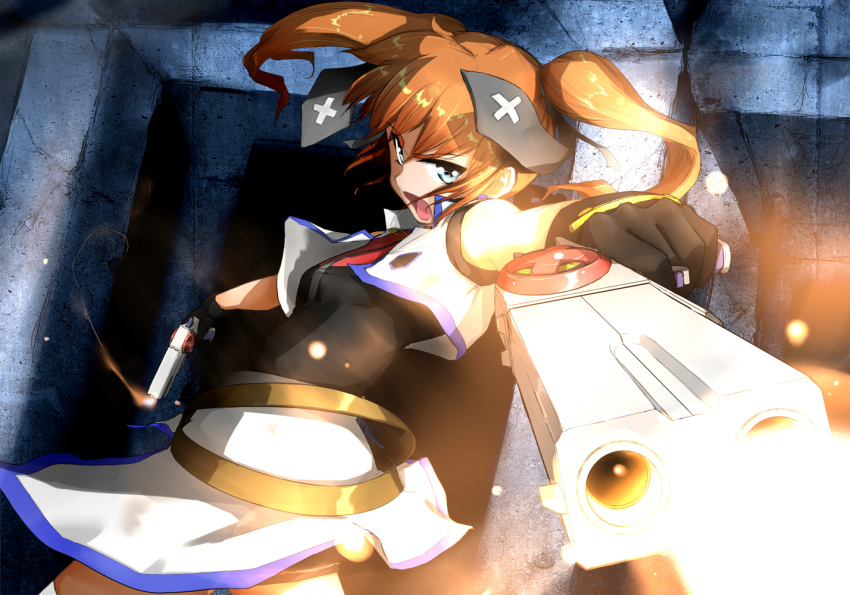 ban_(777purin) belt black_gloves black_ribbon black_shirt blue_eyes brown_belt cross_mirage dual_wielding energy_gun female foreshortening frown gloves gun hair_ribbon holding holding_gun holding_weapon jacket long_hair looking_at_viewer lyrical_nanoha magical_girl mahou_shoujo_lyrical_nanoha_strikers miniskirt open_mouth orange_hair ribbon shirt skirt sleeveless sleeveless_jacket solo standing teana_lanster twintails weapon white_jacket white_skirt