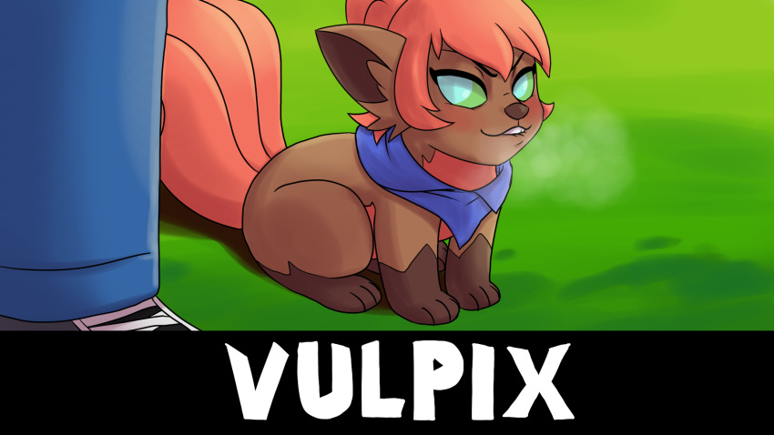 16:9 ambiguous_gender bandana bite biting_lip biting_own_lip blush breath duo ergomancy female feral generation_1_pokemon hair hi_res human kerchief mammal mostly_offscreen_character nintendo pokemon pokemon_(species) red_hair self_bite sexual_vulpix sexually_aggressive_animal sitting sitting_on_ground title vulpix vulpix_harkness widescreen