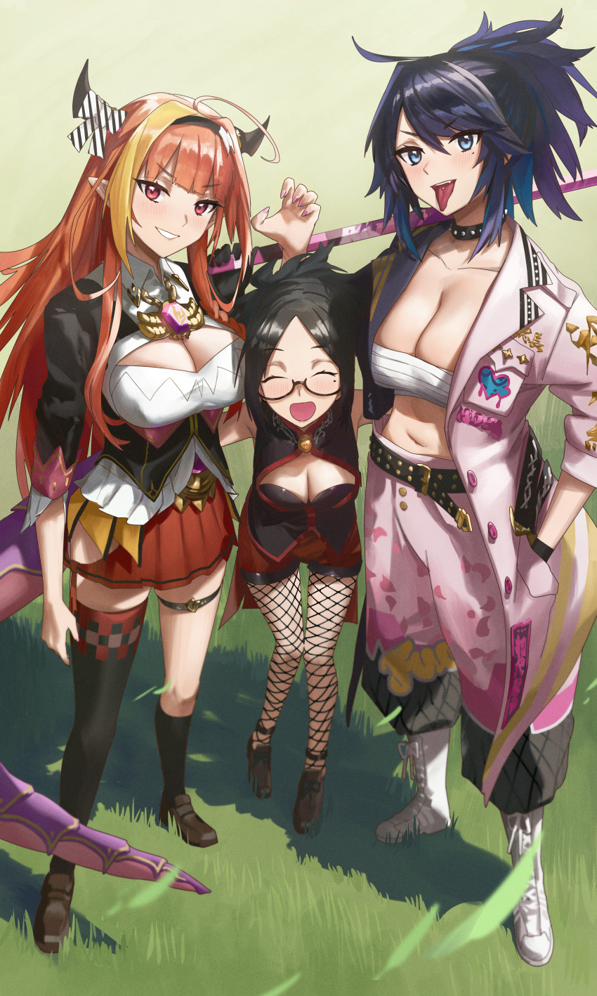 3girls :d ^_^ absurdres ahoge belt black-framed_eyewear black_coat black_dress black_gloves black_hair blonde_hair blunt_bangs bokken bow braid breasts chest_sarashi cleavage cleavage_cutout closed_eyes clothing_cutout coat collar collarbone commentary creator_connection daikou-chan delinquent detached_sleeves diagonal-striped_bow diagonal_stripes dragon_girl dragon_horns dragon_tail dress dual_persona elbow_gloves fishnet_pantyhose fishnets frills glasses gloves height_difference high_ponytail highres hololive horn_bow horn_ornament horns huge_breasts indie_virtual_youtuber kiryu_coco kiryu_coco_(1st_costume) kson large_breasts long_hair looking_at_viewer medium_breasts mole mole_under_eye multicolored_coat multicolored_hair multiple_girls navel no_shirt open_clothes open_coat open_mouth orange_hair pants pantyhose parted_hair petal_print piercing pocket print_pants print_shorts puffy_pants red_shorts sarashi semi-rimless_eyewear shorts side-tie_skirt side_braid smile souchou spiked_hair stomach streaked_hair striped striped_bow studded_belt studded_choker studded_collar sukeban sword tail tall tall_female tongue tongue_out tongue_piercing two-tone_coat under-rim_eyewear very_long_hair virtual_youtuber voice_actor_connection weapon white_coat white_pants wooden_sword xiaoju_xiaojie