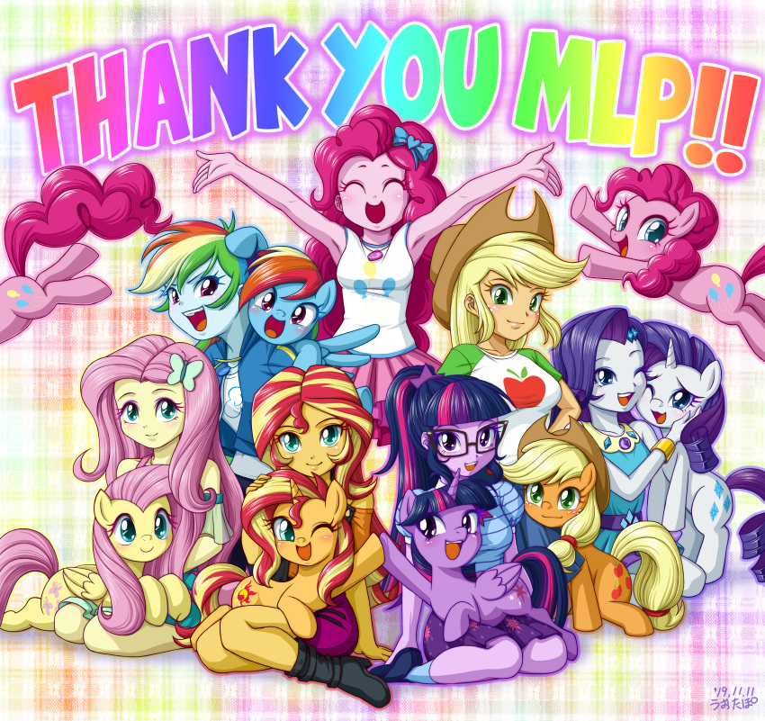 2019 5_fingers absurd_res accessory alicorn applejack_(eg) applejack_(mlp) blonde_hair blue_eyes blush bottomwear bow_(feature) bow_accessory bow_ribbon bracelet closed_eyes clothed clothing cowboy_hat cutie_mark digital_media_(artwork) dress earth_pony english_text equestria_girls equid equine eyelashes eyewear feathered_wings feathers female feral fingers fluttershy_(eg) fluttershy_(mlp) footwear freckles friendship_is_magic glasses green_eyes group hair hair_accessory hair_ribbon hairbow hairclip hasbro hat headgear headwear hi_res horn horse human jacket jewelry jumping kneeling legwear looking_at_viewer mammal mane_six_(mlp) multicolored_hair multicolored_tail my_little_pony mythological_creature mythological_equine mythology on_lap one_eye_closed open_mouth open_smile pegasus pendant pink_hair pinkie_pie_(eg) pinkie_pie_(mlp) pony ponytail purple_eyes purple_hair rainbow_dash_(eg) rainbow_dash_(mlp) rainbow_hair rarity_(eg) rarity_(mlp) ribbons shirt shoes sitting skirt smile socks square_crossover standing sunset_shimmer_(eg) tail teal_eyes text topwear twilight_sparkle_(eg) twilight_sparkle_(mlp) unicorn uotapo wings wink