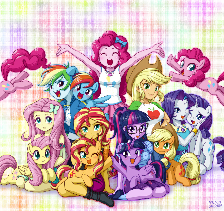 2019 5_fingers absurd_res accessory alicorn applejack_(eg) applejack_(mlp) blonde_hair blue_eyes closed_eyes clothed clothing cutie_mark digital_media_(artwork) earth_pony equestria_girls equid equine eyelashes eyewear feathered_wings feathers female feral fingers fluttershy_(eg) fluttershy_(mlp) freckles friendship_is_magic glasses green_eyes group hair hair_accessory hairclip hasbro hi_res horn horse human mammal mane_six_(mlp) multicolored_hair multicolored_tail my_little_pony mythological_creature mythological_equine mythology one_eye_closed open_mouth open_smile pegasus pink_hair pinkie_pie_(eg) pinkie_pie_(mlp) pony purple_eyes purple_hair rainbow_dash_(eg) rainbow_dash_(mlp) rainbow_hair rarity_(eg) rarity_(mlp) smile square_crossover sunset_shimmer_(eg) tail teal_eyes twilight_sparkle_(eg) twilight_sparkle_(mlp) unicorn uotapo wings wink