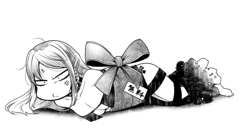 anger_vein angry barefoot bound bow breasts cleavage dress fate/grand_order fate_(series) female greyscale long_hair lying monochrome ribbon ribbon_bondage solo tied_up_(nonsexual) toritora yu_mei-ren_(fate)