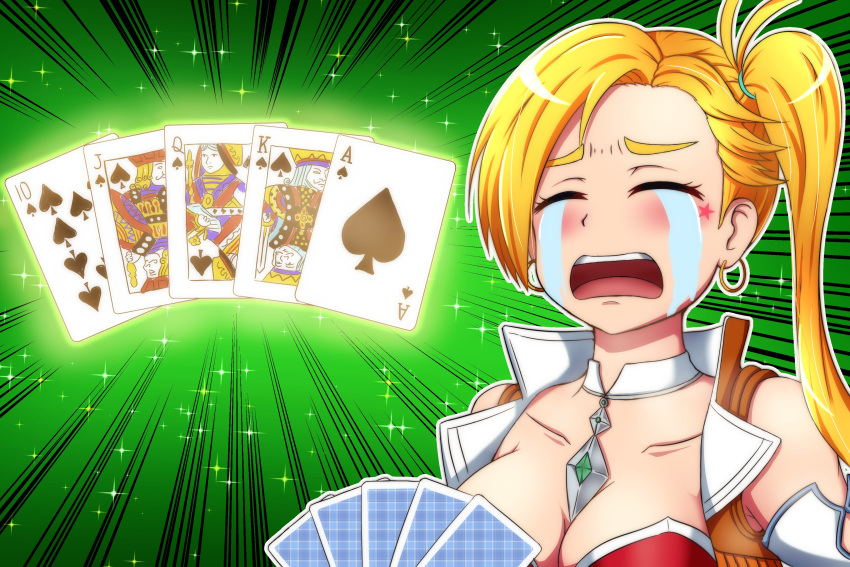 absurdres ace_(playing_card) ace_of_spades bare_shoulders blonde_hair breasts calamity_jane_(fate) card choker cleavage closed_eyes collarbone crying defeat earrings emphasis_lines fate/grand_order fate_(series) female highres holding holding_card hoop_earrings jack_(playing_card) jack_of_spades jewelry king_(playing_card) king_of_spades playing_card poker queen_(playing_card) queen_of_spades royal_flush side_ponytail solo sotomichi spade_(shape) streaming_tears tears ten_of_spades