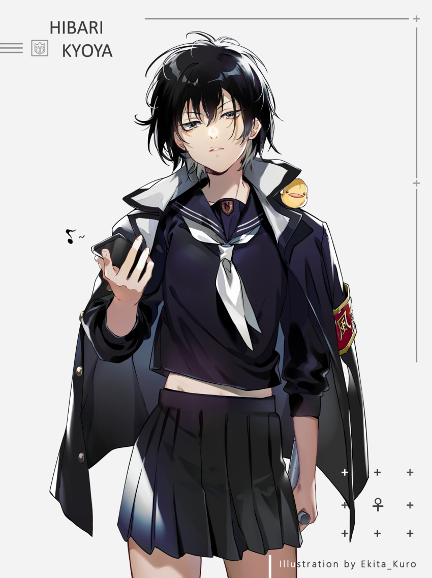 animal_on_shoulder artist_name bird bird_on_shoulder black_hair black_jacket black_shirt black_skirt breasts buttons character_name collar collared_jacket commentary_request ekita_kuro female genderswap_(mtf) grey_background hibari_kyouya hibird highres holding holding_phone holding_weapon jacket jacket_on_shoulders katekyo_hitman_reborn! long_sleeves looking_at_viewer musical_note neckerchief open_clothes open_jacket parted_lips phone pleated_skirt rule_63 sailor_collar school_uniform shirt short_hair simple_background skirt small_breasts solo standing tonfa weapon white_neckerchief