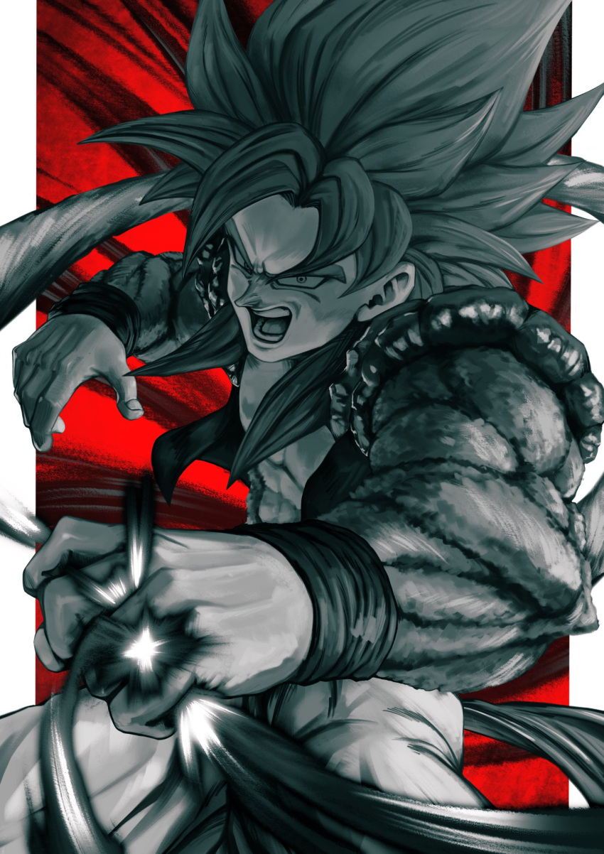 1boy abs biceps body_fur brown_fur clenched_hand dragon_ball dragon_ball_gt emphasis_lines fighting gogeta greyscale_with_colored_background highres incoming_attack incoming_punch looking_at_viewer male_focus metamoran_vest monkey_boy monkey_tail monochrome motion_blur muscular muscular_male no_nipples open_mouth pants punching red_background screaming solo spiked_hair studio_viga super_saiyan super_saiyan_4 tail teeth white_pants