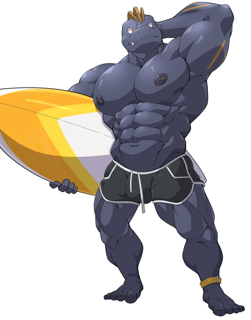 clothing hi_res humanoid looking_at_viewer machoke maldu male muscular muscular_male nintendo nipple_piercing nipples piercing pokémon_(species) pokemon solo surfboard swimwear video_games yellow_eyes