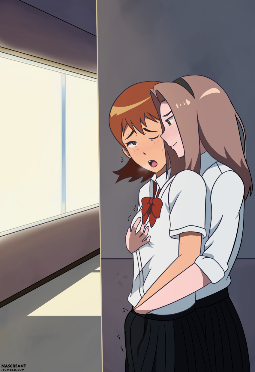 2girls artist_name behind_another black_hairband black_skirt blush bow bowtie breath brown_eyes brown_hair day digimon digimon_adventure_tri. grabbing grabbing_another's_breast hairband hand_under_clothes hand_under_skirt highres implied_fingering indoors long_hair looking_at_another multiple_girls nascreant non-web_source one_eye_closed open_mouth orange_hair pleated_skirt red_bow red_bowtie red_eyes school school_uniform shirt short_hair short_sleeves skirt smile standing sweat sweatdrop tachikawa_mimi takenouchi_sora teeth tiara tongue tsukishima_general_high_school_uniform tumblr_username web_address white_shirt window yuri