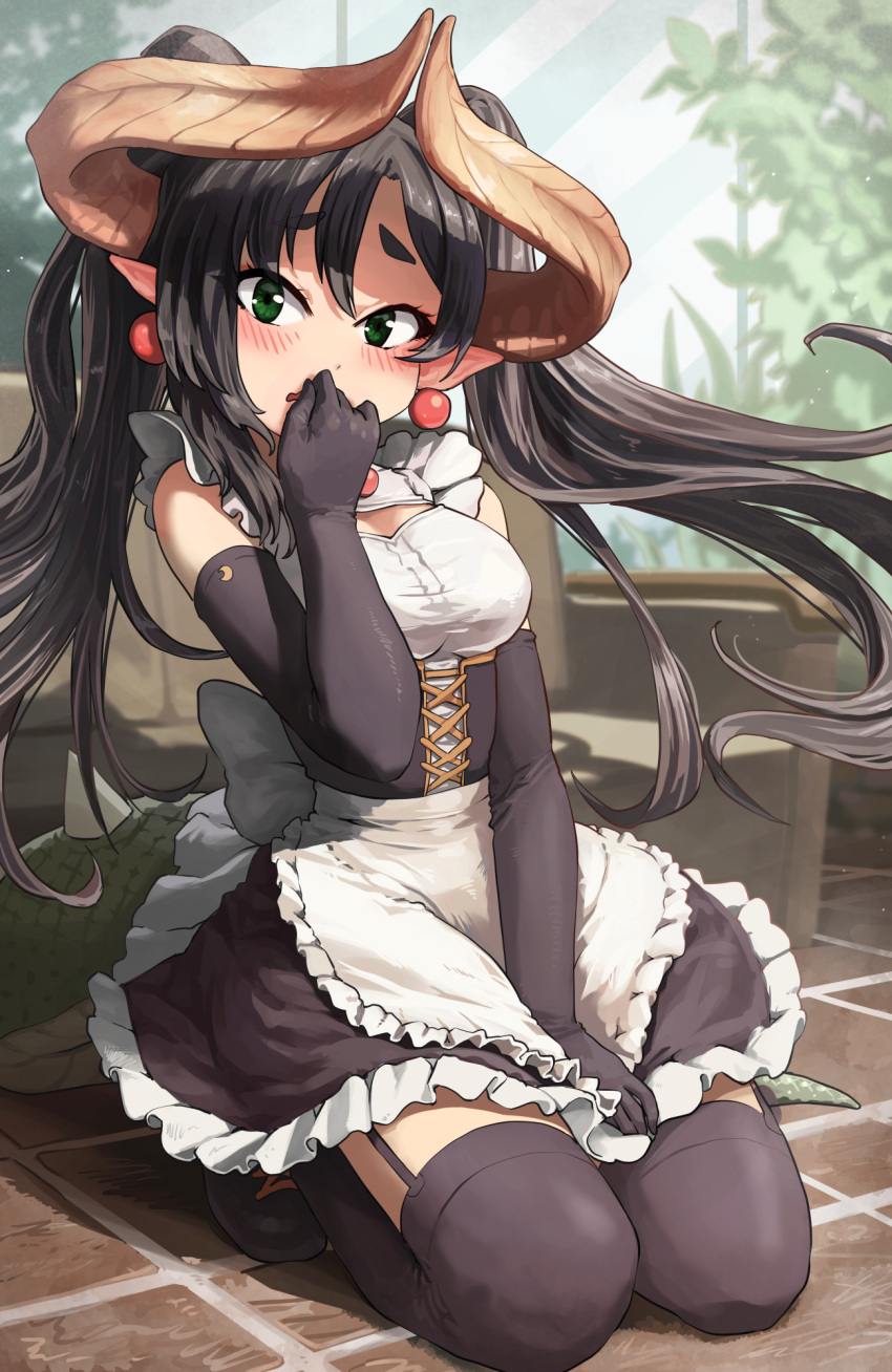 alternate_costume apron black_corset black_gloves black_hair black_thighhighs blush breasts commentary commission corset covering_own_mouth dragon_girl dragon_horns dragon_tail dress dress_tug earrings elbow_gloves embarrassed enmaided female frills full_body garter_straps gloves green_eyes green_tail highres horns jewelry kneeling long_hair looking_at_viewer maid maid_apron medium_breasts melaton mythic_live nako_ryu pointy_ears short_eyebrows skeb_commission solo spiked_tail tail thighhighs twintails virtual_youtuber waist_apron zettai_ryouiki