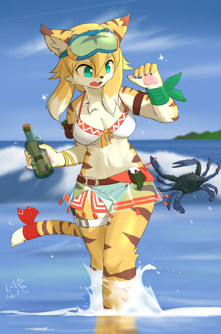 2020 5_fingers absurd_res accessory ambiguous_gender anthro arthropod belt belt_pouch bikini blonde_hair blue_eyes blue_sky blurred_background bottle bottomwear breasts brown_body brown_claws brown_fur buckle cheek_tuft claws clothed clothing cloud container contrail cork crab crustacean cute_fangs cygames day decapoda depth_of_field detailed_background duo eyewear eyewear_on_head facial_tuft felid female female_focus feral fingerpads fingers fringe_bottomwear fringe_clothing fringe_skirt front-tie_bikini front-tie_clothing front-tie_swimwear front_view fur furgonomics goggles goggles_on_head hair hi_res holding_bottle holding_container holding_object ice2g inner_ear_fluff knife leg_belt looking_at_another looking_down malacostracan mammal marine markings message_in_a_bottle mia_(world_flipper) open_mouth orange_body orange_fur orange_hair outside pantherine partially_submerged particles pawpads pincers seaweed skimpy skirt sky solo_focus sparkles splash standing string_bikini striped_body striped_fur striped_markings striped_tail stripes surprise swimwear tail tail_accessory tail_markings tail_wraps tassels thigh_strap tied_bikini tied_clothing tiger torn_swimwear tuft water wave wet white_body white_fur wide_hips world_flipper wrap_accessory wraps wrist_accessory wrist_wraps