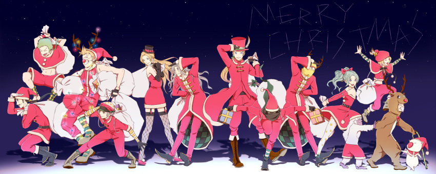 1other alternate_legwear ambiguous_gender blonde_hair celes_chere christmas closed_mouth cyan_garamonde edgar_roni_figaro final_fantasy final_fantasy_vi gau gogo green_hair hat highres hiromyan locke_cole long_hair mog moogle multiple_boys multiple_girls open_mouth relm_arrowny sabin_rene_figaro santa_hat setzer_gabbiani shadow_(ff6) smile strago_magus terra_branford thighhighs ultros umaro