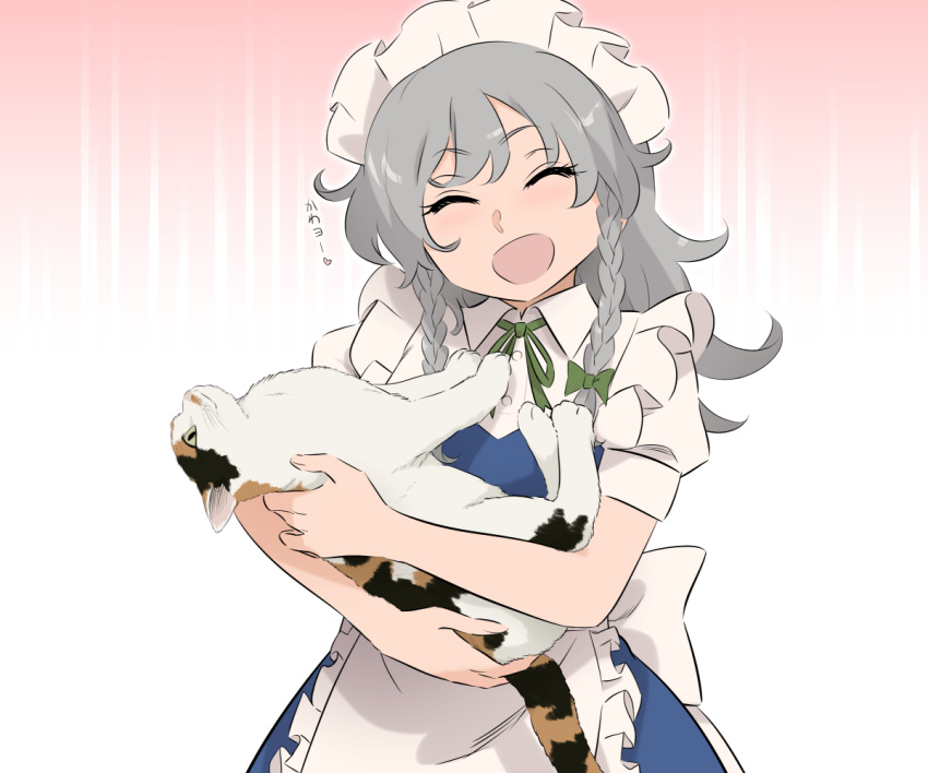 :d ^_^ animal apron blue_dress bow braid calico closed_eyes commentary_request dress feline female frilled_apron frills goutokuji_mike goutokuji_mike_(cat) green_bow green_neckwear green_ribbons grey_hair hairbow head_tilt holding holding_animal izayoi_sakuya long_hair maid maid_apron maid_headdress multicolored_background neck_ribbon open_mouth pink_background puffy_short_sleeves puffy_sleeves ribbon short_sleeves shundou_heishirou smile solo touhou translated twin_braids unconnected_marketeers upper_body waist_apron white_apron white_background