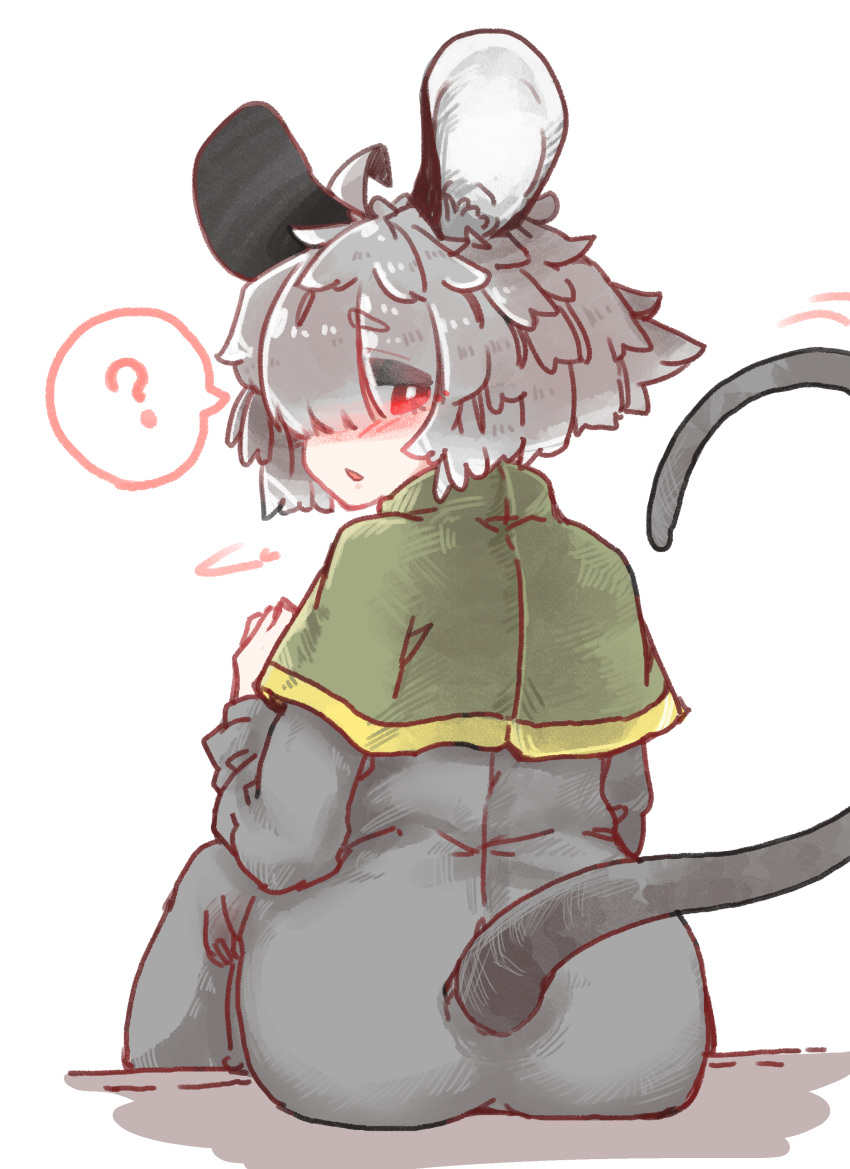 absurd_res ahoge animal_humanoid ass big_ears blush capelet clothed clothing dress female grey_hair hair hair_over_eye hi_res humanoid inner_ear_fluff looking_back mammal mammal_humanoid mouse_humanoid murid murid_humanoid murine murine_humanoid nazrin one_eye_obstructed question_mark rear_view red_eyes rodent rodent_humanoid sabitare short_hair sitting solo touhou tuft