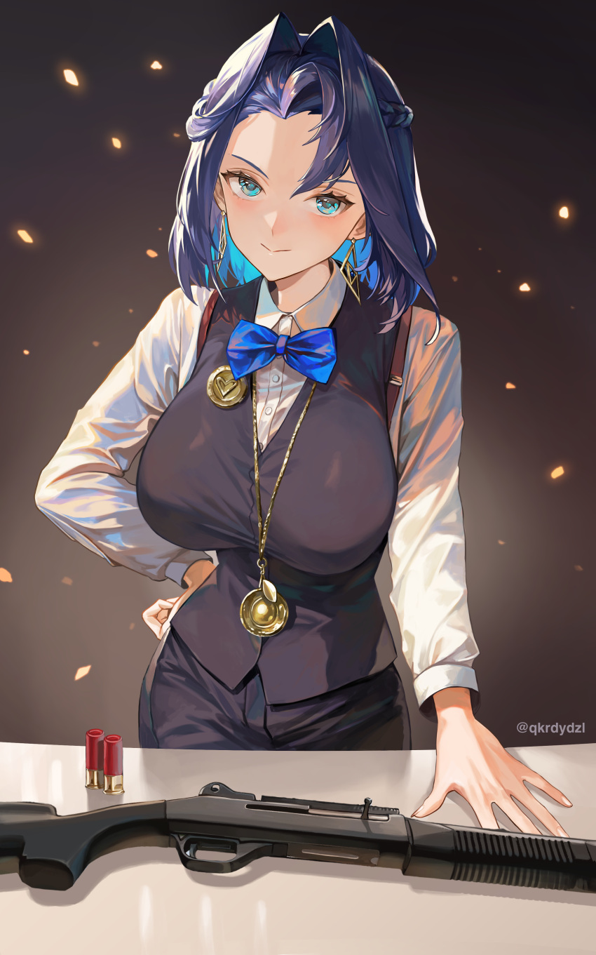 absurdres benelli_m4 black_hair black_pants black_vest blue_bow blue_bowtie blue_eyes blue_hair blush bow bowtie breasts brown_hair earrings female gun hair_intakes hand_on_own_hip highres hololive hololive_english jewelry john_wick large_breasts looking_at_viewer medallion merchant multicolored_hair ouro_kronii pants santafe99 shirt short_hair shotgun shotgun_shell smile solo suspenders table twitter_username vest virtual_youtuber weapon white_shirt