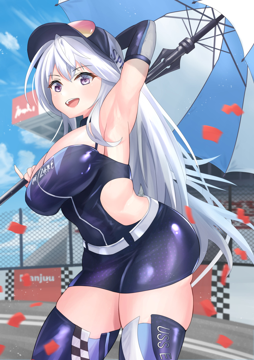 absurdres armpits azur_lane bouhuuu breasts clothing_cutout commentary_request enterprise_(azur_lane) enterprise_(wind_catcher)_(azur_lane) female grey_hair highres large_breasts long_hair official_alternate_costume open_mouth outdoors presenting_armpit purple_eyes race_queen side_cutout sunglasses teeth umbrella upper_teeth_only