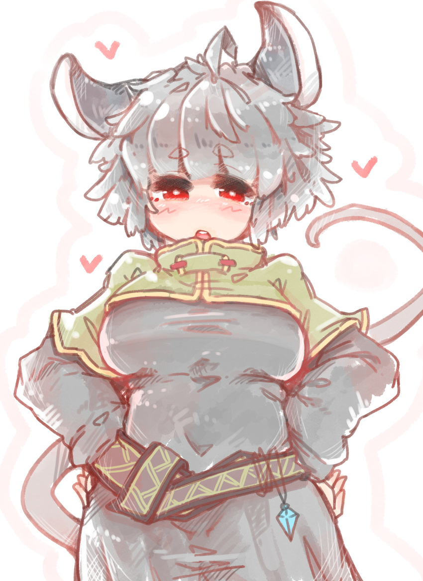 absurd_res animal_humanoid belt big_breasts blush breasts capelet clothed clothing dress female grey_hair hair hands_on_hips heart_symbol hi_res humanoid mammal mammal_humanoid mouse_humanoid murid murid_humanoid murine murine_humanoid nazrin open_mouth red_eyes rodent rodent_humanoid sabitare short_hair solo teeth touhou