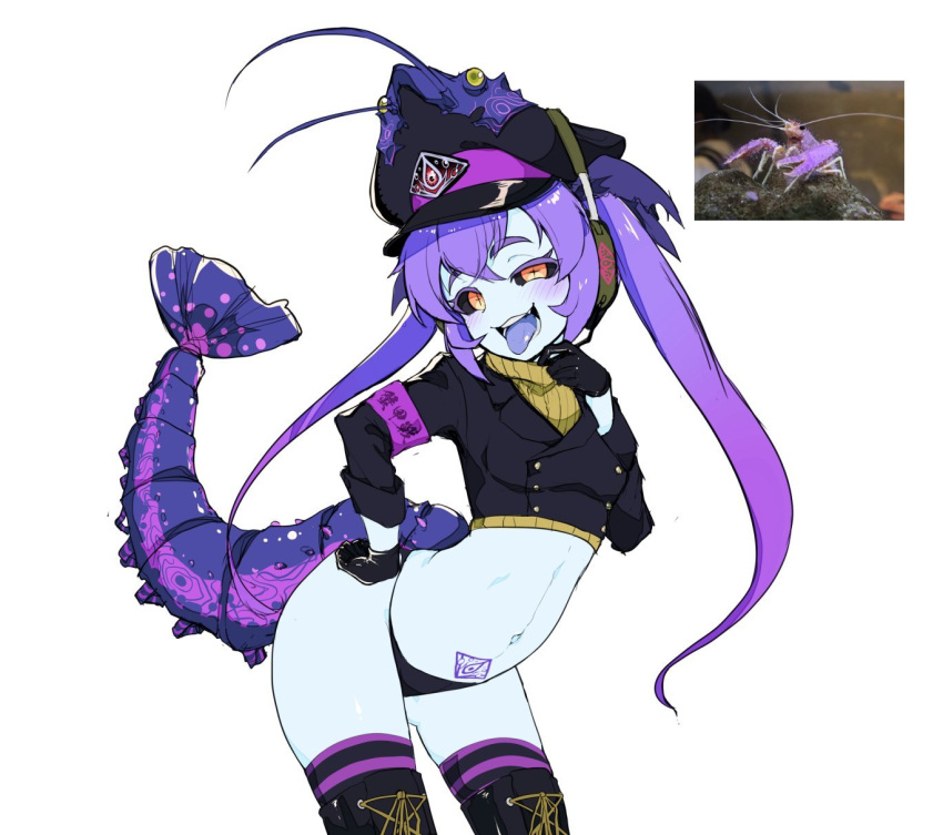 animal_hat black_pantyhose black_shirt boots buttons colored_skin colored_tongue cowboy_shot double-breasted female hat highres monster_girl original pantyhose personification police_hat purple_hair purple_tongue ryuu_tou shirt shrimp shrimp_girl simple_background socks solo sweater tail thighs tongue tongue_out twintails white_background