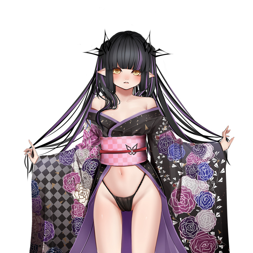 absurdres alternate_costume black_fundoshi black_hair black_kimono blunt_bangs blush breasts checkered_clothes checkered_kimono checkered_sash commentary cowboy_shot demon_girl demon_horns doryudory female floral_print fundoshi highres horns jacket japanese_clothes kimono kojo_anna long_hair long_sleeves looking_at_viewer medium_breasts multicolored_clothes multicolored_hair multicolored_kimono nanashi_inc. navel obi off_shoulder parted_lips pink_sash pointy_ears print_kimono purple_hair purple_kimono sash simple_background solo sugar_lyric transparent_background twintails two-tone_hair virtual_youtuber yellow_eyes